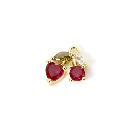 Picture of 1 Piece Brass Charms 18K Gold Plated Cherry Fruit Fuchsia Cubic Zirconia 12mm x 11mm