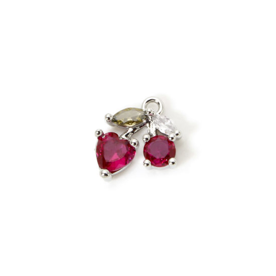 Picture of 1 Piece Brass Charms Platinum Plated Cherry Fruit Fuchsia Cubic Zirconia 12mm x 11mm