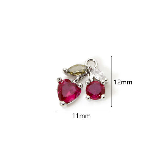 Picture of 1 Piece Brass Charms Platinum Plated Cherry Fruit Fuchsia Cubic Zirconia 12mm x 11mm