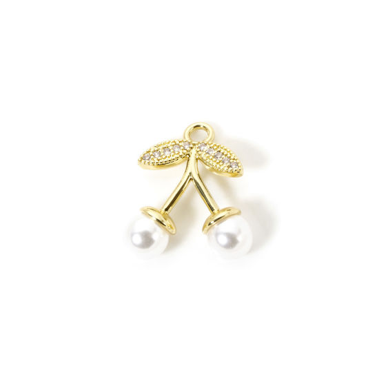 Picture of 1 Piece Brass Charms 18K Gold Plated White Cherry Fruit Acrylic Imitation Pearl 18mm x 17mm