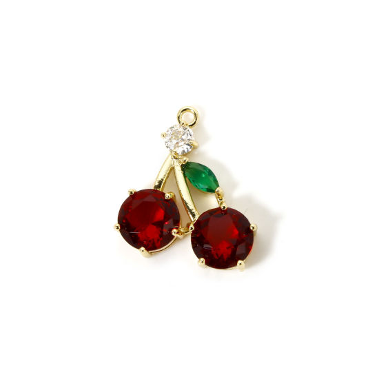 Image de 1 Pièce Breloques en Laiton Plaqué Or 18K Cerise à Zircone Cubique Rouge 21mm x 18mm