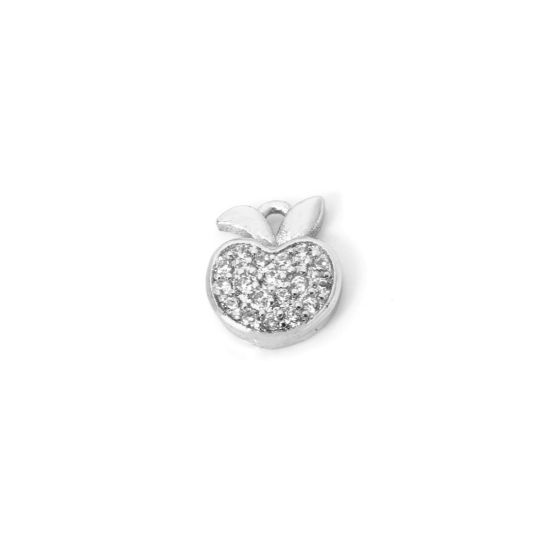 Picture of 1 Piece Brass Charms Platinum Plated Apple Fruit Clear Cubic Zirconia 9mm x 8mm