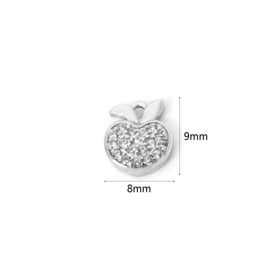 Picture of 1 Piece Brass Charms Platinum Plated Apple Fruit Clear Cubic Zirconia 9mm x 8mm