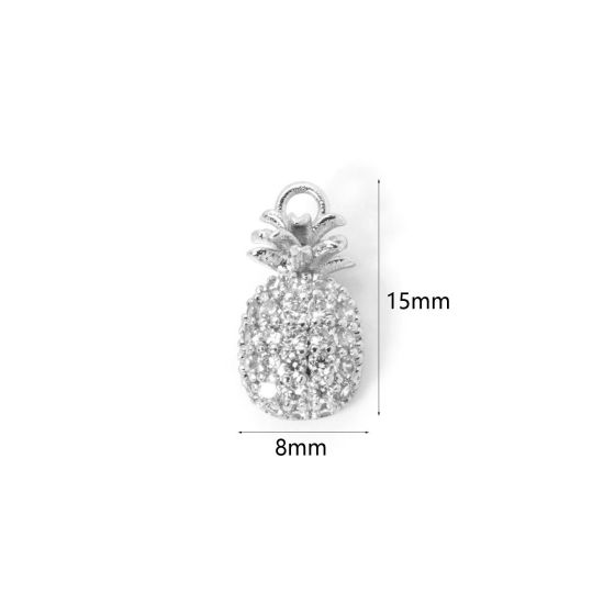 Picture of 1 Piece Brass Charms Platinum Plated Pineapple/ Ananas Fruit Clear Cubic Zirconia 15mm x 8mm