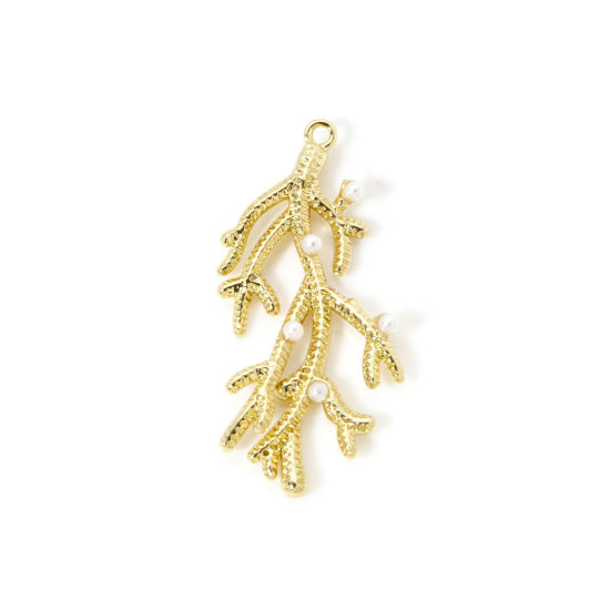 Picture of 1 Piece Brass Ocean Jewelry Charms 18K Gold Plated Coral Imitation Pearl 3.5cm x 1.7cm