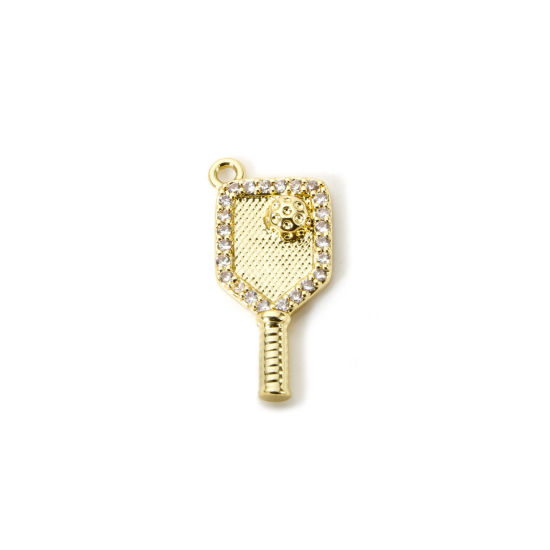 Picture of 1 Piece Brass Sport Charms 18K Gold Plated Racket Micro Pave Clear Cubic Zirconia 19mm x 10mm