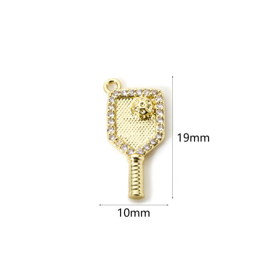 Picture of 1 Piece Brass Sport Charms 18K Gold Plated Racket Micro Pave Clear Cubic Zirconia 19mm x 10mm