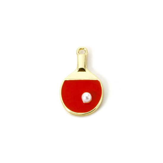 Picture of 1 Piece Brass Sport Charms 18K Gold Plated Red Table Tennis Paddle Bat Enamel 18mm x 11mm