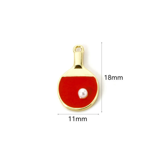 Picture of 1 Piece Brass Sport Charms 18K Gold Plated Red Table Tennis Paddle Bat Enamel 18mm x 11mm