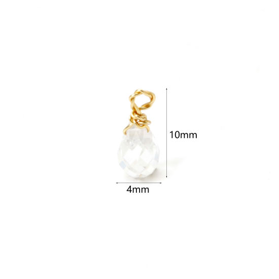 Picture of 2 PCs Eco-friendly Vacuum Plating 304 Stainless Steel Mini Charms 18K Gold Plated Transparent Clear Drop Faceted 10mm x 4mm