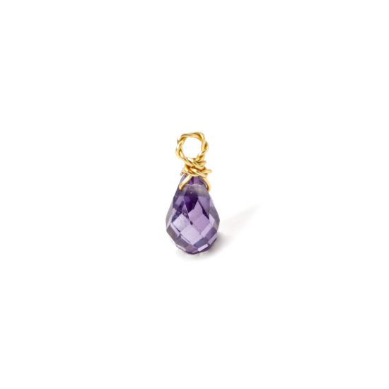 Picture of 2 PCs Eco-friendly Vacuum Plating 304 Stainless Steel Mini Charms 18K Gold Plated Purple Drop Faceted 10mm x 4mm