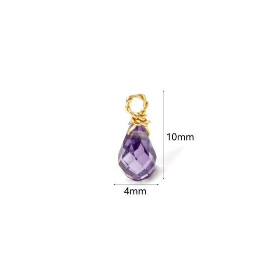 Picture of 2 PCs Eco-friendly Vacuum Plating 304 Stainless Steel Mini Charms 18K Gold Plated Purple Drop Faceted 10mm x 4mm
