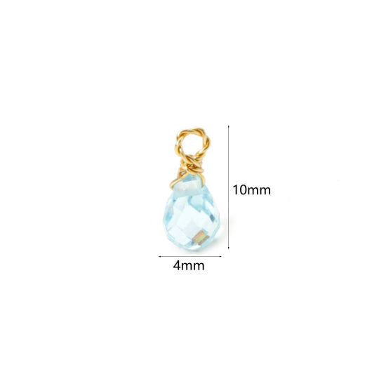 Picture of 2 PCs Eco-friendly Vacuum Plating 304 Stainless Steel Mini Charms 18K Gold Plated Light Blue Drop Faceted 10mm x 4mm