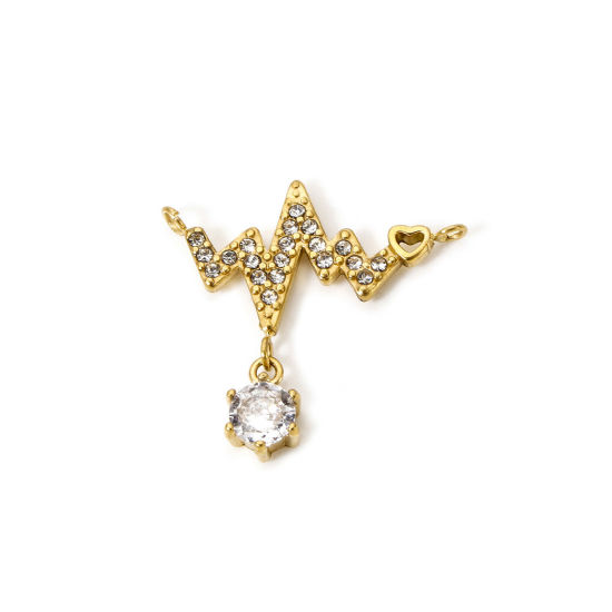 Imagen de 1 Unidad Enchapado al Vacío Ecológico 304 Acero Inoxidable Médico Conectores Dijes Colgantes Electrocardiograma Chapado en Oro de 18K Micro Pave Transparente Rhinestone 22mm x 21mm