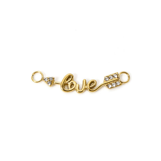 Imagen de 1 Unidad Enchapado al Vacío Ecológico 304 Acero Inoxidable día de San Valentín Conectores Dijes Colgantes Flecha Chapado en Oro de 18K Mensaje " Amor " Micro Pave Transparente Rhinestone 28mm x 7mm