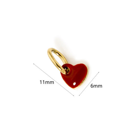 Image de 1 Pièce Breloques en 304 Acier Inoxydable Revêtement sous Vide PVD Respectueux de l'Environnement La Saint Valentin Cœur Plaqué Or Véritable 18K Rouge Émail 11mm x 6mm
