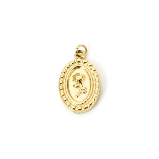 Image de 1 Pièce Breloques en 304 Acier Inoxydable Revêtement sous Vide PVD Respectueux de l'Environnement La Saint Valentin Ovale Plaqué Or Véritable 18K Rose 16mm x 9mm