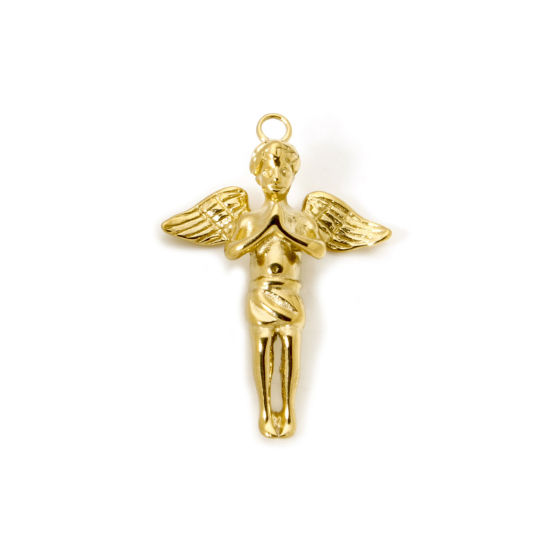 Image de 1 Pièce Pendentifs en 304 Acier Inoxydable Revêtement sous Vide PVD Respectueux de l'Environnement Religieux Ange Plaqué Or Véritable 14K 36mm x 25mm