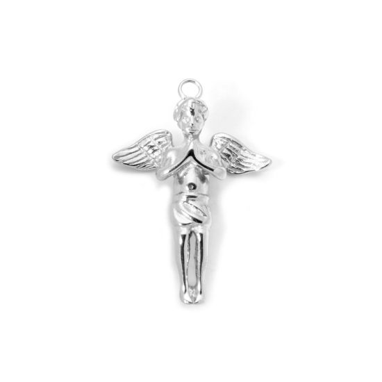 Image de 1 Pièce Pendentifs en 304 Acier Inoxydable Revêtement sous Vide PVD Respectueux de l'Environnement Religieux Ange Argent Mat 36mm x 25mm