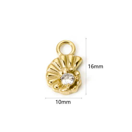 Image de 1 Pièce Breloques en 304 Acier Inoxydable Revêtement sous Vide PVD Respectueux de l'Environnement Bijoux d'Océan Escargot de Mer Plaqué Or Véritable 14K Incrusté de Zircon à Zircone Cubique Clair 16mm x 10mm