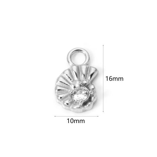 Image de 1 Pièce Breloques en 304 Acier Inoxydable Revêtement sous Vide PVD Respectueux de l'Environnement Bijoux d'Océan Escargot de Mer Argent Mat Incrusté de Zircon à Zircone Cubique Clair 16mm x 10mm