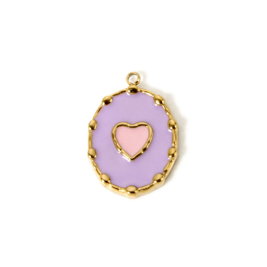 Imagen de 1 Unidad Recubrimiento al Vacío PVD Ecológico 304 Acero Inoxidable día de San Valentín Colgantes Óvalo 14K Oro Real Chapado Púrpura (Apta Esmalte Corazón 21mm x 14.5mm