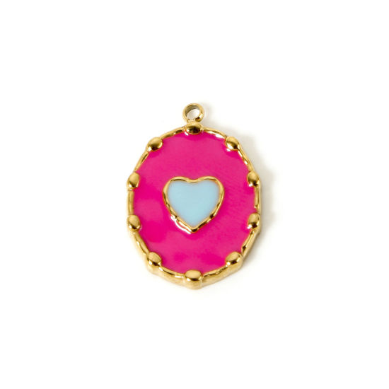 Imagen de 1 Unidad Recubrimiento al Vacío PVD Ecológico 304 Acero Inoxidable día de San Valentín Colgantes Óvalo 14K Oro Real Chapado Fucsia (Apta Esmalte Corazón 21mm x 14.5mm