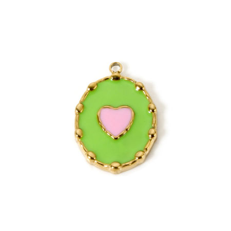 Bild von 1 Stück Umweltfreundliche PVD-Vakuumbeschichtung wasserdicht anlaufgeschützt hypoallergen  304 Edelstahl Valentinstag Charms Oval 14K Echtgold plattiert Emaille Grün Herz 21mm x 14.5mm