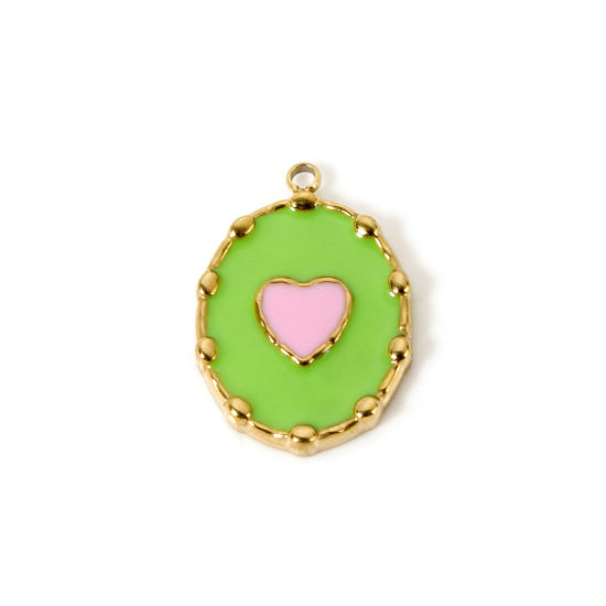 Imagen de 1 Unidad Recubrimiento al Vacío PVD Ecológico 304 Acero Inoxidable día de San Valentín Colgantes Óvalo 14K Oro Real Chapado Verde (Apta Esmalte Corazón 21mm x 14.5mm