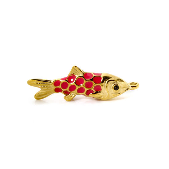 Picture of 1 Piece Eco-friendly PVD Vacuum Plating 304 Stainless Steel Ocean Jewelry Pendants 14K Real Gold Plated Fuchsia Enamel Fish Animal 37mm x 12mm