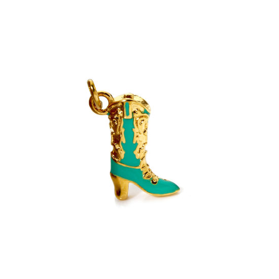 Bild von 1 Stück Umweltfreundliche PVD-Vakuumbeschichtung 304 Edelstahl West-Cowboy Charms Stiefel 14K Echtgold plattiert Emaille Grün 23mm x 15mm