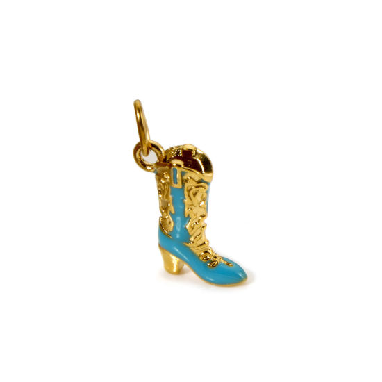 Bild von 1 Stück Umweltfreundliche PVD-Vakuumbeschichtung 304 Edelstahl West-Cowboy Charms Stiefel 14K Echtgold plattiert Emaille Azurblau 23mm x 15mm