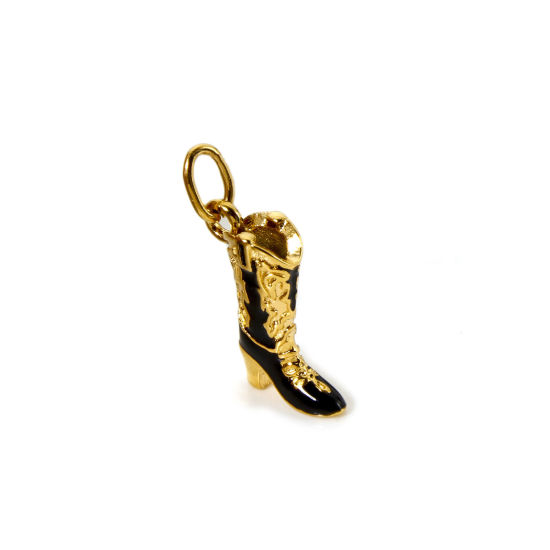 Bild von 1 Stück Umweltfreundliche PVD-Vakuumbeschichtung 304 Edelstahl West-Cowboy Charms Stiefel 14K Echtgold plattiert Emaille Schwarz 23mm x 15mm