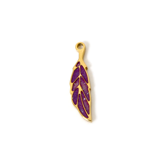 Picture of 2 PCs Vacuum Plating 304 Stainless Steel Flora Collection Charms 18K Gold Plated Purple Enamel Leaf 22mm x 5.5mm