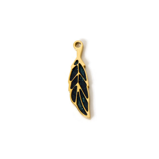 Picture of 2 PCs Vacuum Plating 304 Stainless Steel Flora Collection Charms 18K Gold Plated Dark Green Enamel Leaf 22mm x 5.5mm