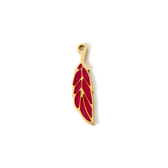 Picture of 2 PCs Vacuum Plating 304 Stainless Steel Flora Collection Charms 18K Gold Plated Fuchsia Leaf 22mm x 5.5mm