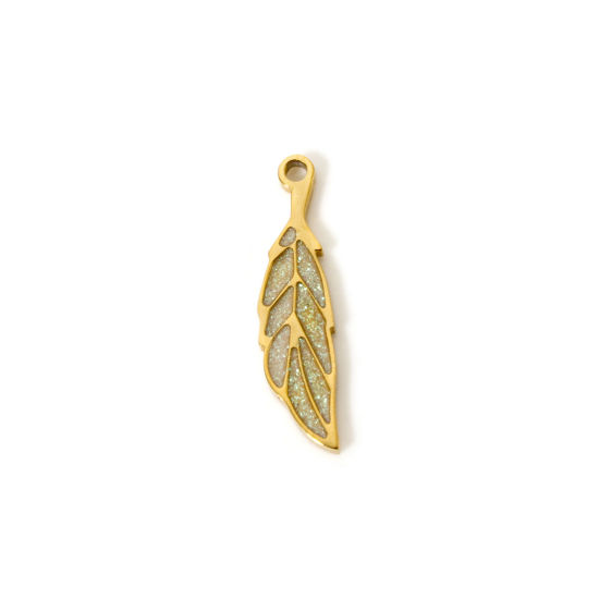 Picture of 2 PCs Vacuum Plating 304 Stainless Steel Flora Collection Charms 18K Gold Plated Beige Enamel Leaf 22mm x 5.5mm