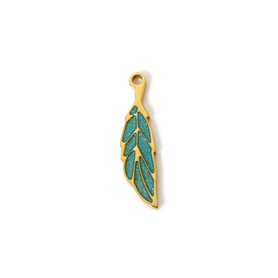 Picture of 2 PCs Vacuum Plating 304 Stainless Steel Flora Collection Charms 18K Gold Plated Green Enamel Leaf 22mm x 5.5mm