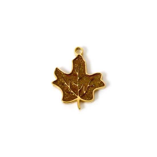 Picture of 2 PCs Vacuum Plating 304 Stainless Steel Flora Collection Charms 18K Gold Plated Yellow Enamel Maple Leaf 16mm x 13mm