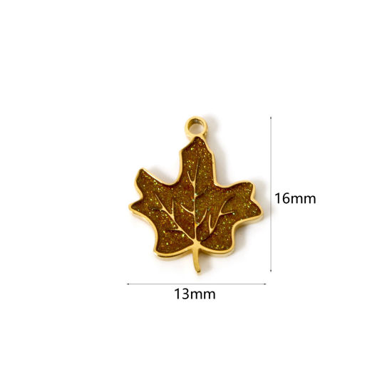 Picture of 2 PCs Vacuum Plating 304 Stainless Steel Flora Collection Charms 18K Gold Plated Yellow Enamel Maple Leaf 16mm x 13mm