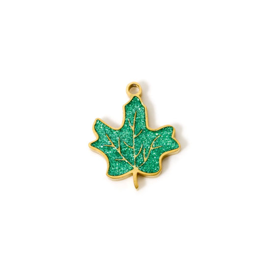 Picture of 2 PCs Vacuum Plating 304 Stainless Steel Flora Collection Charms 18K Gold Plated Green Enamel Maple Leaf 16mm x 13mm