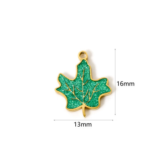 Picture of 2 PCs Vacuum Plating 304 Stainless Steel Flora Collection Charms 18K Gold Plated Green Enamel Maple Leaf 16mm x 13mm