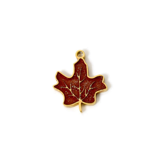 Picture of 2 PCs Vacuum Plating 304 Stainless Steel Flora Collection Charms 18K Gold Plated Red Enamel Maple Leaf 16mm x 13mm