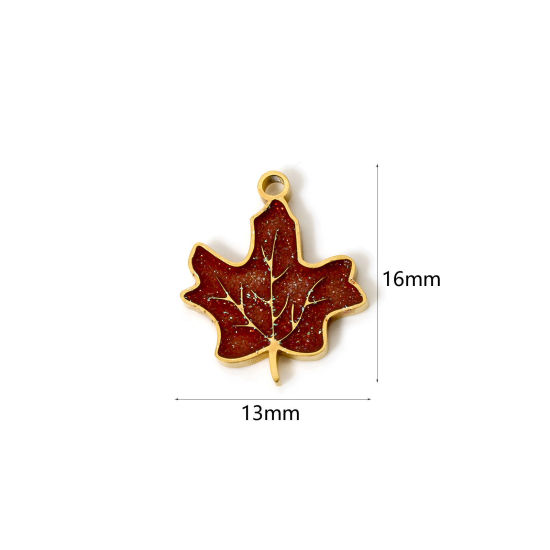 Picture of 2 PCs Vacuum Plating 304 Stainless Steel Flora Collection Charms 18K Gold Plated Red Enamel Maple Leaf 16mm x 13mm