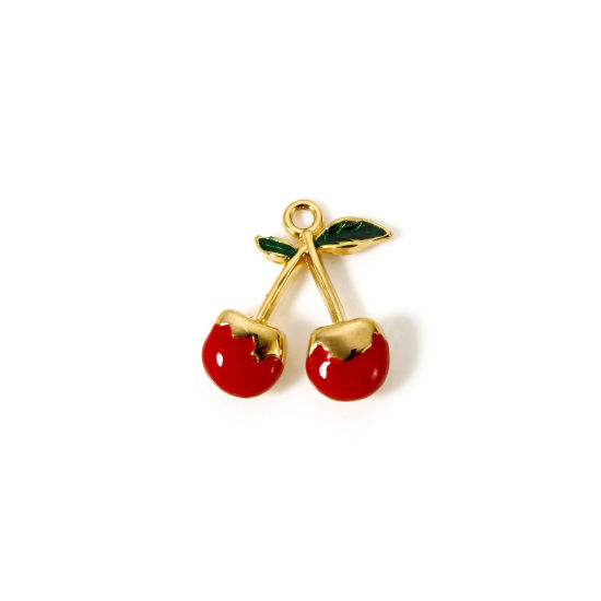 Picture of 1 Piece Vacuum Plating 304 Stainless Steel Charms 18K Gold Plated Red Enamel Cherry Fruit 18.5mm x 16mm