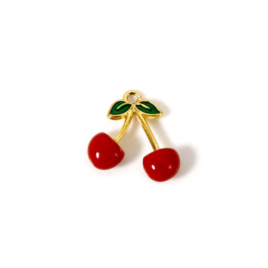 Picture of 1 Piece Vacuum Plating 304 Stainless Steel Charms 18K Gold Plated Red Enamel Cherry Fruit 15.5mm x 15mm