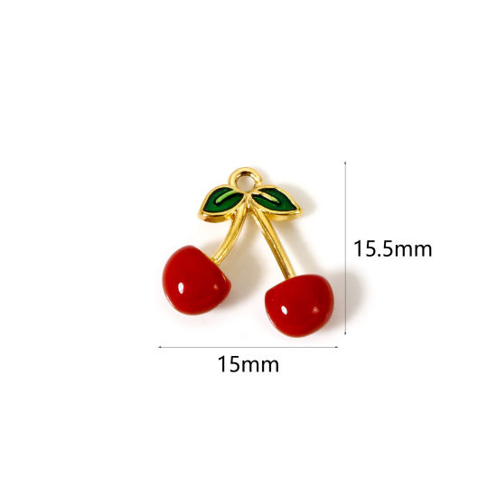 Picture of 1 Piece Vacuum Plating 304 Stainless Steel Charms 18K Gold Plated Red Enamel Cherry Fruit 15.5mm x 15mm