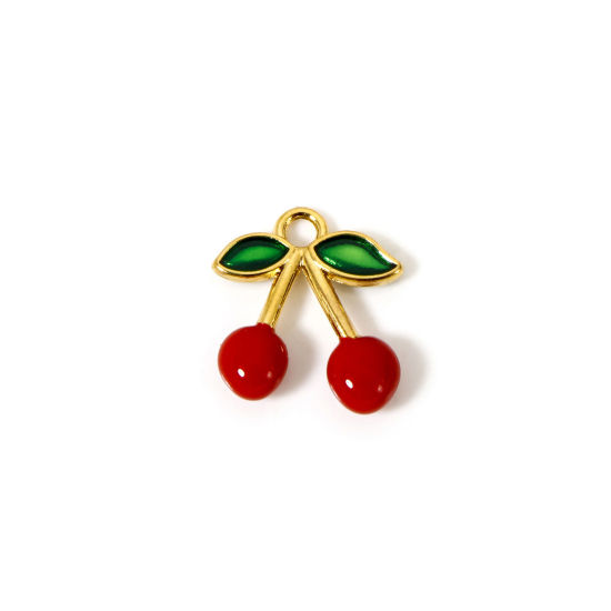 Picture of 1 Piece Vacuum Plating 304 Stainless Steel Charms 18K Gold Plated Red Enamel Cherry Fruit 15.5mm x 15mm