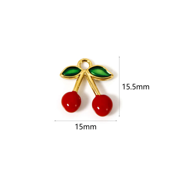 Picture of 1 Piece Vacuum Plating 304 Stainless Steel Charms 18K Gold Plated Red Enamel Cherry Fruit 15.5mm x 15mm