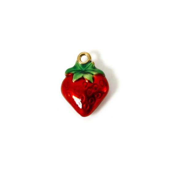 Picture of 1 Piece Vacuum Plating 304 Stainless Steel Charms 18K Gold Plated Red Enamel Strawberry Fruit 15mm x 11mm